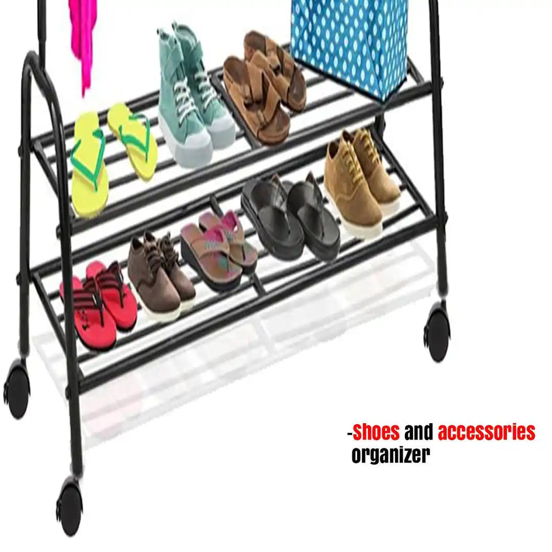 Black Iron Wardrobe Organizer with Shoe Rack & Wheels