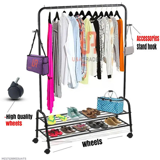 Black Iron Wardrobe Organizer with Shoe Rack & Wheels